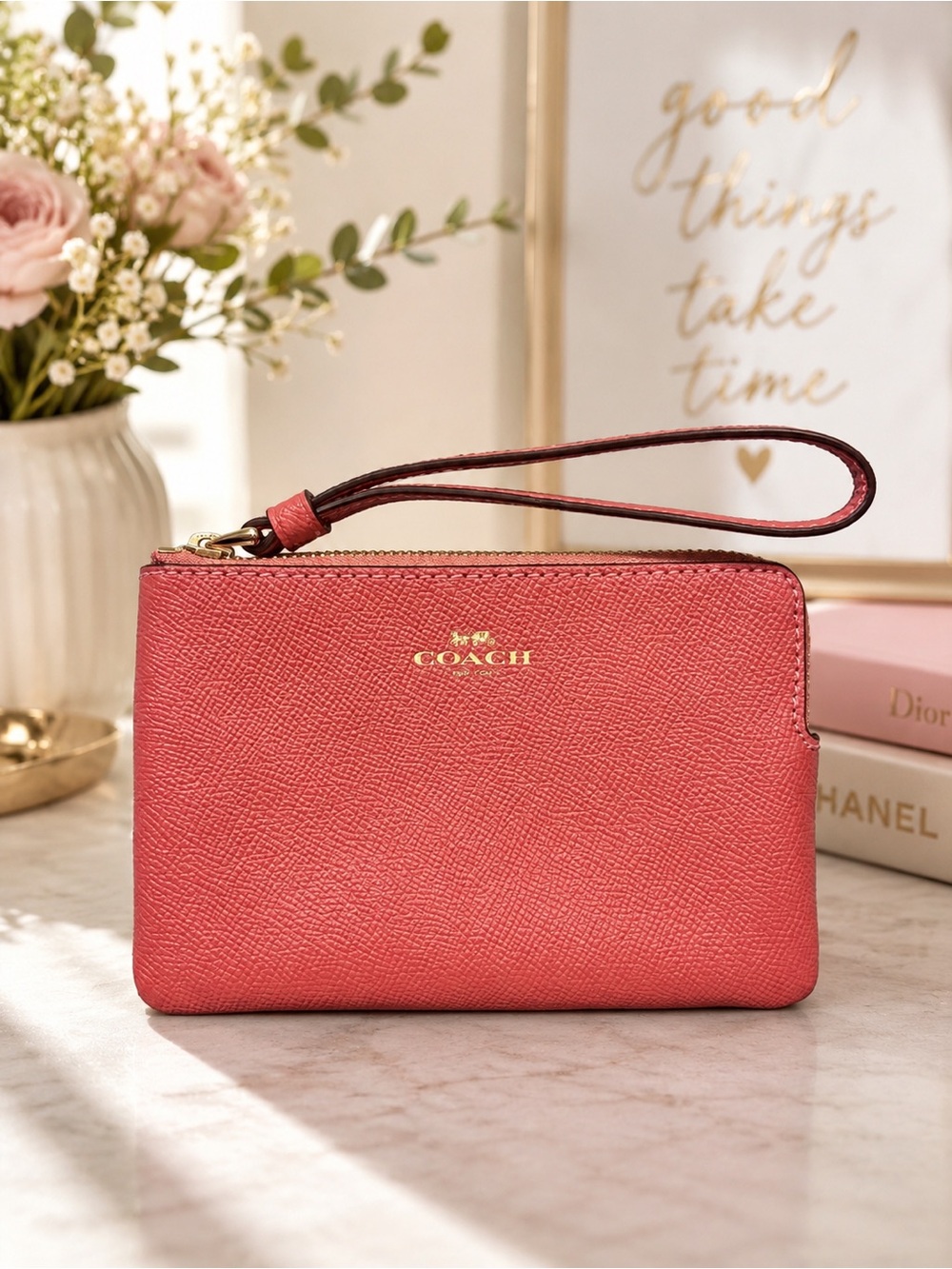 Coach Corner Zip Wristlet Pink Coral Crossgrain Leather F58032